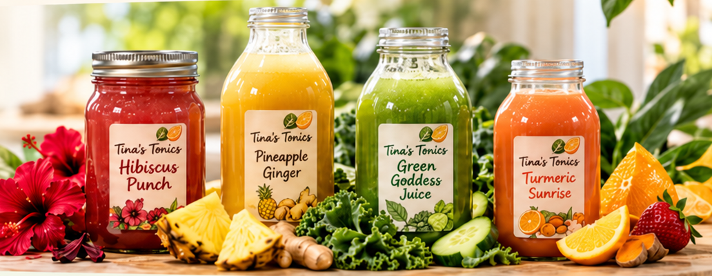 Four Tina's Tonics bottles on a sunlit counter with hibiscus, pineapple, ginger, kale, cucumber and oranges